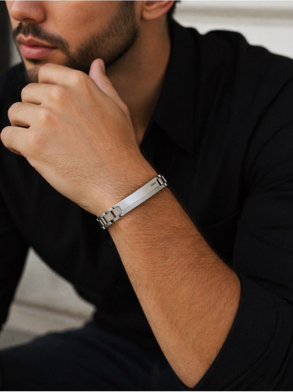 Fossil Men's Brushed Silver Stainless Steel ID Bracelet - Picture 3 of 7